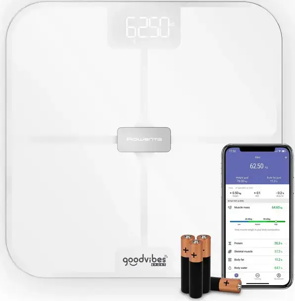 Tefal BM9740F0 Goodvibes Sport Smart Body Scale, White, Tempered Glass, Bluetooth, 17 Body Composition Indicators, 200kg Capacity, App Integration