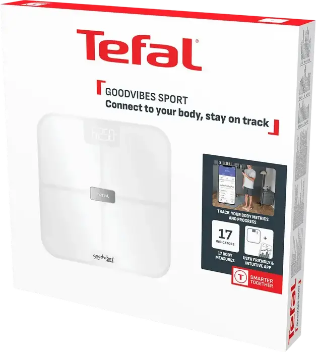 Tefal BM9740F0 Goodvibes Sport Smart Body Scale, White, Tempered Glass, Bluetooth, 17 Body Composition Indicators, 200kg Capacity, App Integration