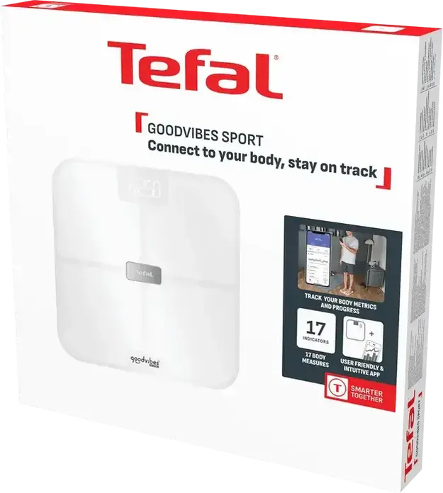 Tefal BM9740F0 Goodvibes Sport Smart Body Scale, White, Tempered Glass, Bluetooth, 17 Body Composition Indicators, 200kg Capacity, App Integration