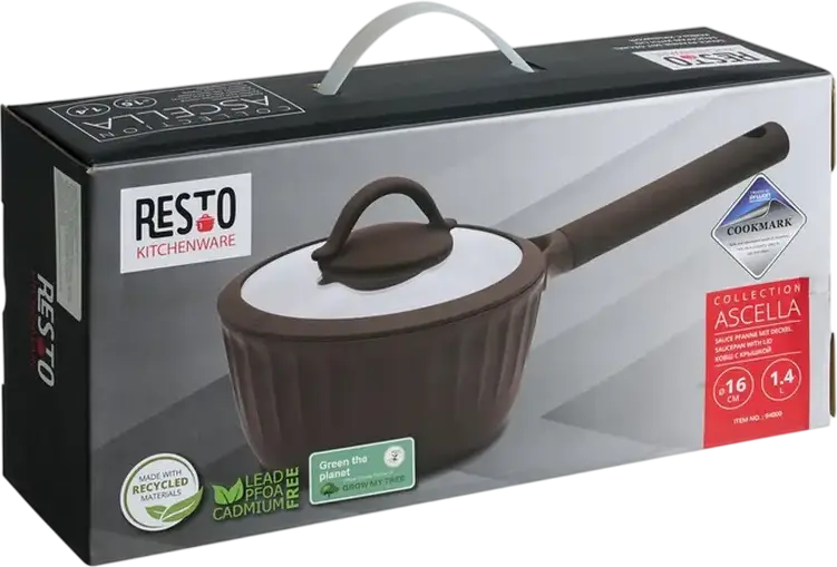 Resto Ascella 94000 Saucepan with Glass Lid, 1.4L, 16cm, Recycled Die-Cast Aluminium, Pfluon Non-Stick Coating, Induction Base, Eco-Friendly