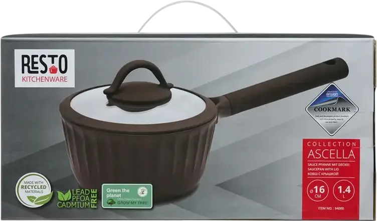 Resto Ascella 94000 Saucepan with Glass Lid, 1.4L, 16cm, Recycled Die-Cast Aluminium, Pfluon Non-Stick Coating, Induction Base, Eco-Friendly