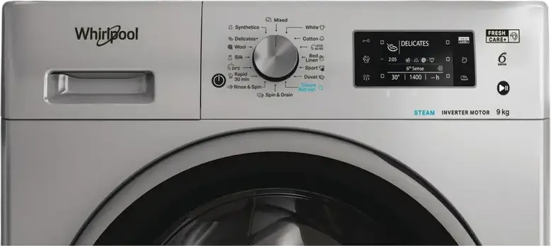 Whirlpool FFD 9469 SBSV EU Front-Load Washing Machine, 9kg Capacity, Inverter Motor, 1400 rpm, Energy Class A, Steam Refresh, 6th Sense Technology, Silver
