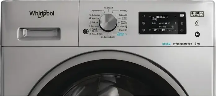 Whirlpool FFD 9469 SBSV EU Front-Load Washing Machine, 9kg Capacity, Inverter Motor, 1400 rpm, Energy Class A, Steam Refresh, 6th Sense Technology, Silver