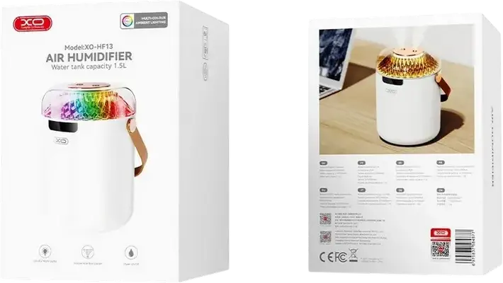 Umidificator de Aer Ultrasonic XO HF13, Rezervor 1.5L, Dubla Pulverizare 80-100ml/h, Iluminare RGB LED, Afisaj Digital, Portabil cu Incarcare USB Type-C