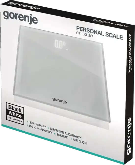 Gorenje OT180LBW Digital Personal Scale, Tempered Glass Platform, 180kg Max Capacity, 0.1kg Precision, White LED Display, Black White Collection