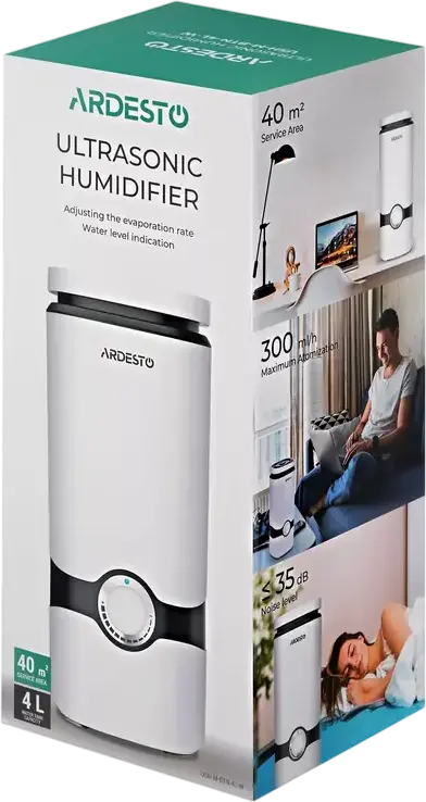 Ardesto USH-M-BTN-4L-W Ultrasonic Air Humidifier, 4L Water Tank, 40m2 Coverage, Mechanical Control, Remote Control, Timer, White Plastic