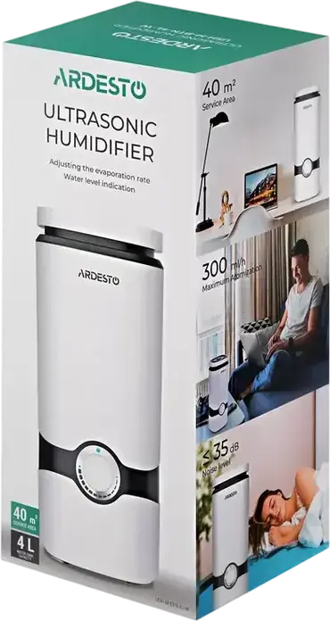 Ardesto USH-M-BTN-4L-W Ultrasonic Air Humidifier, 4L Water Tank, 40m2 Coverage, Mechanical Control, Remote Control, Timer, White Plastic