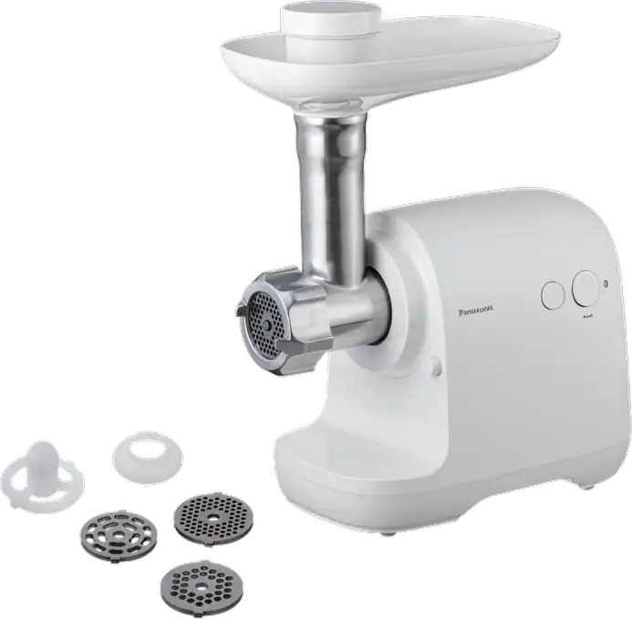Masina de macinat carne Panasonic MK-GX1700, Putere Maxima 1700W, Capacitate 3kg/min, Lame din Otel Inoxidabil, Functie Reverse, 3 Discuri, Alb