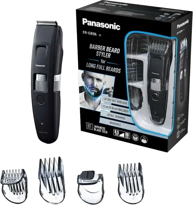 Триммер для бороды Panasonic ER-GB96, стайлер для бороды, лезвия из нержавеющей стали, длина 0.5-30 мм, 58 настроек, сетевой и аккумуляторный, черный