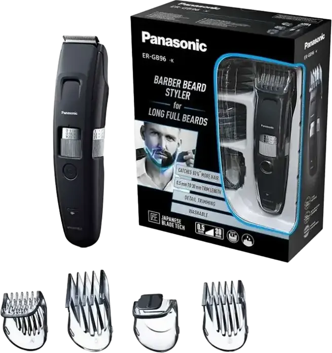 Триммер для бороды Panasonic ER-GB96, стайлер для бороды, лезвия из нержавеющей стали, длина 0.5-30 мм, 58 настроек, сетевой и аккумуляторный, черный