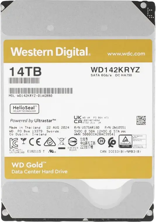 Hard Disk Western Digital WD Gold Enterprise Class 14TB WD142KRYZ 3.5 inch SATA 6Gb/s 7200 RPM Cache 512MB CMR HelioSeal OptiNAND pentru Data Center si RAID