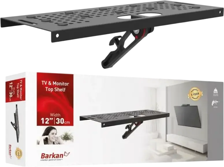 Полка Barkan E812 на телевизор и монитор для AV-устройств, сталь, черный, 30.5x12x5 см, нагрузка 6 кг, вентиляционные отверстия, кабель-менеджмент