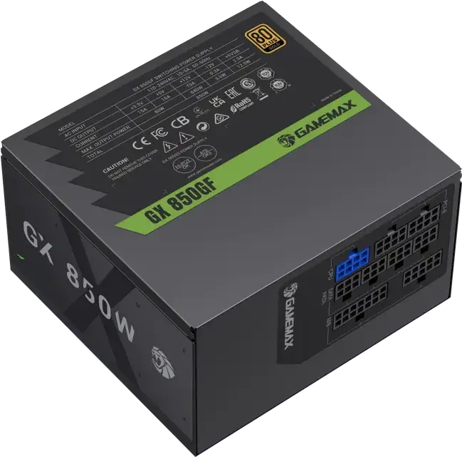 Sursa alimentare Gamemax GX-850GF 850W, 80 Plus Gold, Fully Modular, ATX 12V 3.1, Condensatori Japonezi 105C, DC-DC LLC, Ventilator Silentios 120mm, Negru