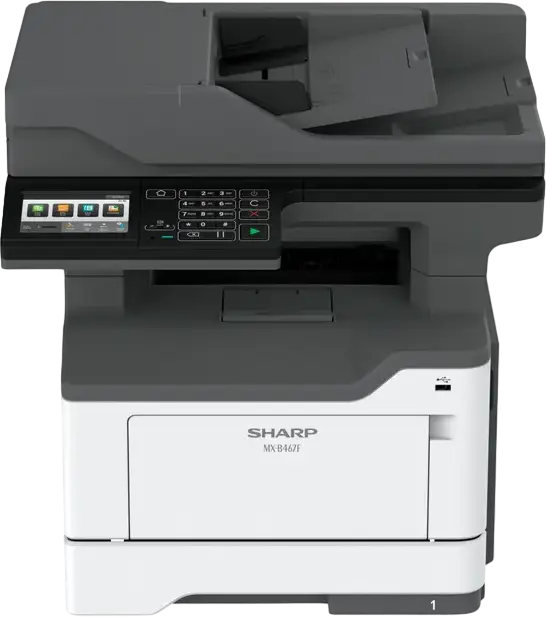 Sharp MX-B467F Monochrome Laser Multifunction Printer MFP - Print, Copy, Scan, Fax, 44 ppm, 1200 x 1200 dpi, 2 GB RAM, 4.3" Touchscreen LCD