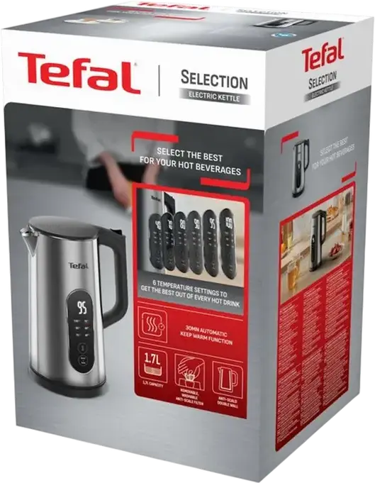 Tefal Selection KI871DE0 Electric Kettle, 1.7L, 1500W, Stainless Steel Interior, Variable Temperature Control with LED Display and Keep Warm Function