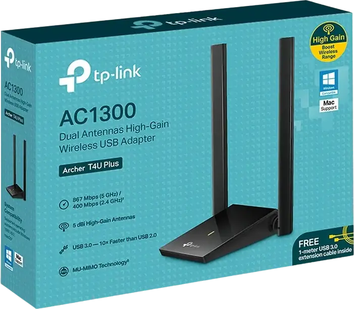 TP-Link Archer T4U Plus AC1300 USB 3.0 Wi-Fi Adapter, Dual Band 867Mbps (5GHz) + 400Mbps (2.4GHz), MU-MIMO, High Gain External Antennas with Extension Cable