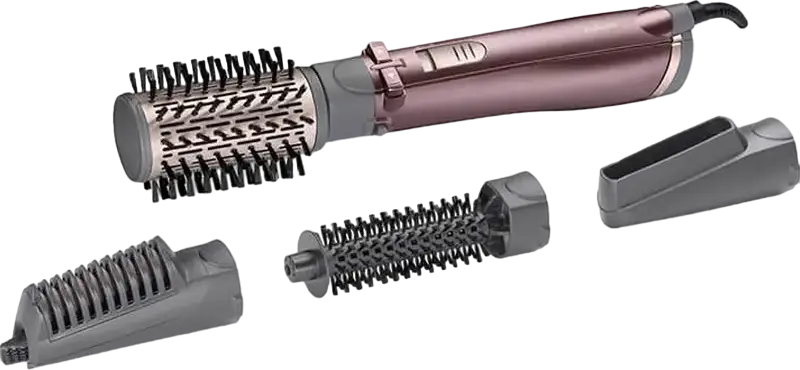 BaByliss Big Hair AS960E Rotating Hair Brush Airstyler 1000W with Ceramic Coating, Ionization, 4 Interchangeable Heads and Cool Shot, Pink/Grey