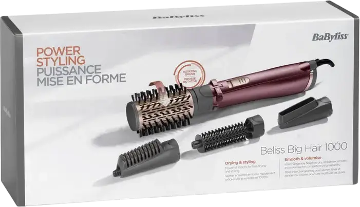 BaByliss Big Hair AS960E Rotating Hair Brush Airstyler 1000W with Ceramic Coating, Ionization, 4 Interchangeable Heads and Cool Shot, Pink/Grey