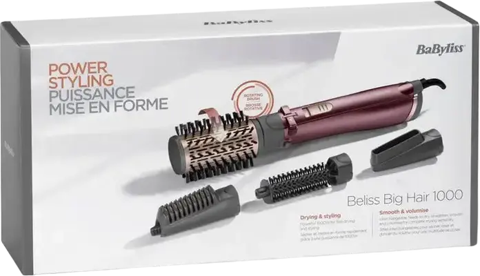 BaByliss Big Hair AS960E Rotating Hair Brush Airstyler 1000W with Ceramic Coating, Ionization, 4 Interchangeable Heads and Cool Shot, Pink/Grey