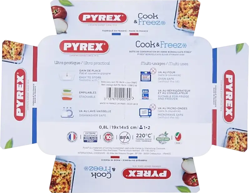 Pyrex Cook & Freez 241P000 Borosilicate Glass Rectangular Baking and Storage Dish with Plastic Lid, 0.8L, Set of 5