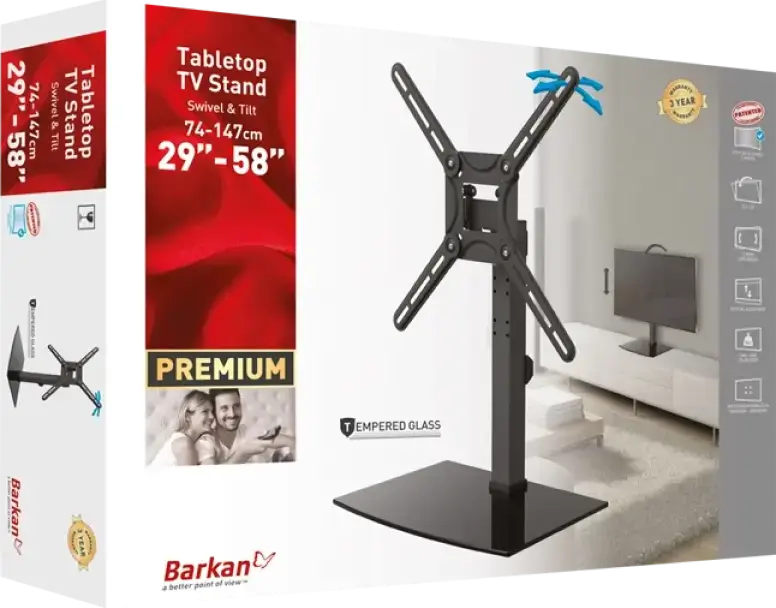 Barkan S320 Universal Tabletop TV Stand for 29"-58" Screens, Tempered Glass Base, VESA up to 400x400mm, Swivel Tilt and Height Adjustable, Black