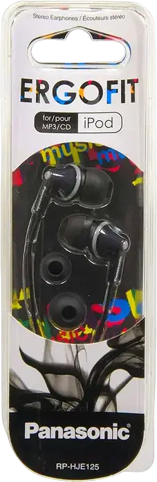 Panasonic RP-HJE125 ErgoFit In-Ear Wired Headphones, Black, 10mm Dynamic Driver, Noise Isolating Ergonomic Design, 3.5mm Mini-jack, 10Hz-24kHz, 1.1m Cable