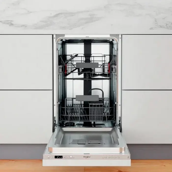 Whirlpool WSIC 3M27 C Slimline Built-in Dishwasher, 44.8cm Width, 10 Place Settings, A++ Energy Class, 6 Programs, AquaStop, Silver Control Panel