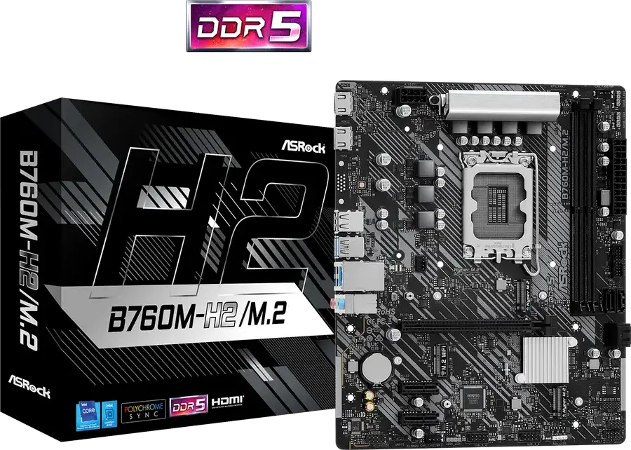 Placa de baza ASRock B760M-H2/M.2 Micro-ATX LGA1700 Intel B760 pentru Core gen 12, 13, 14, DDR5 7200+ MHz, Dual Hyper M.2 PCIe Gen4x4, Dragon 2.5G LAN