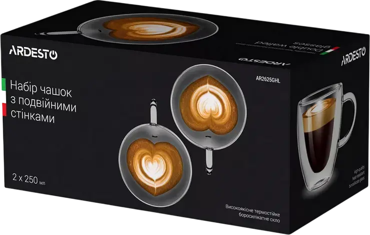 Ardesto AR2625GHL Double Wall Glass Mug Set, 250ml Heat-Resistant Borosilicate Glass Cups with Handles, Transparent, 2 Pieces