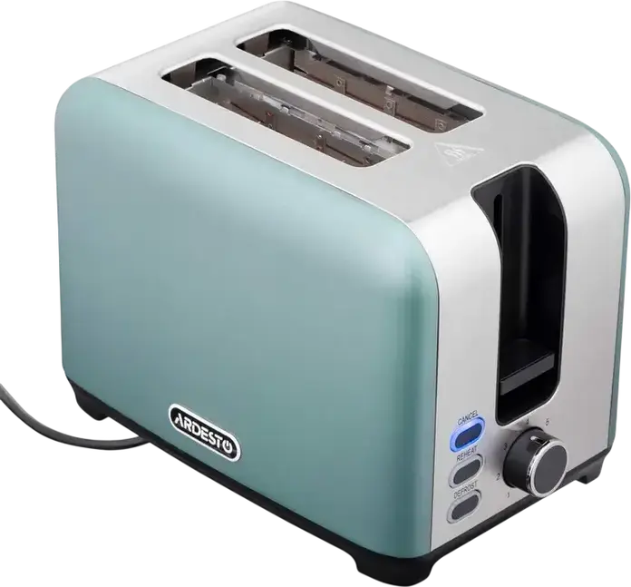 Ardesto T-F400G Mint Harmony 2-Slice Toaster, 930W, 7 Browning Levels, Defrost and Reheat Functions, Stainless Steel, Mint and Silver
