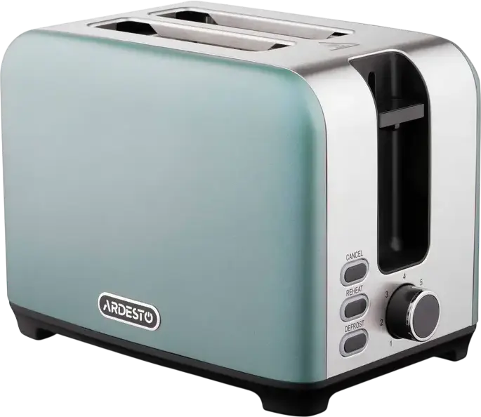 Ardesto T-F400G Mint Harmony 2-Slice Toaster, 930W, 7 Browning Levels, Defrost and Reheat Functions, Stainless Steel, Mint and Silver