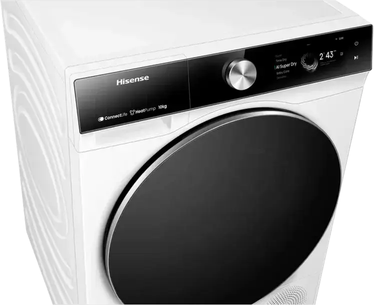 Hisense DH7S107BW Uscator cu Pompa de Caldura, Capacitate 10 kg, Clasa Energetica A+++, Motor Inverter, Wi-Fi ConnectLife, AI Super Dry, Alb