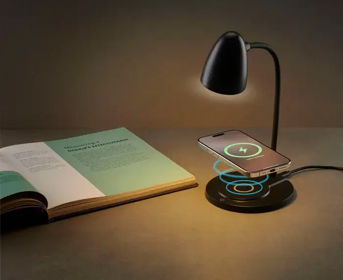 Lampa de birou LED Cellularline Aura, 3 nivele de luminozitate, 3 temperaturi de culoare, baterie 5200mAh, incarcare USB-C, baza cu incarcare wireless 15W, Neagra