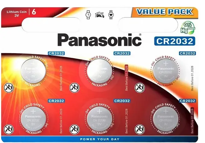Baterie Panasonic CR2032 3V Litiu Tip Buton, Celula Primara dioxid de Mangan, 20mm x 3.2mm, fara Mercur, Conformitate RoHS