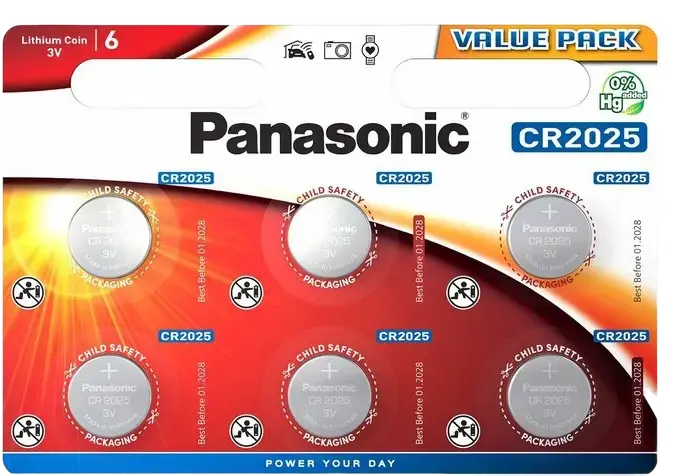 Panasonic CR2025 Lithium Coin Cell Battery 3V, Lithium Manganese Dioxide, 20mm x 2.5mm, Mercury Free for Remote Controls and Watches