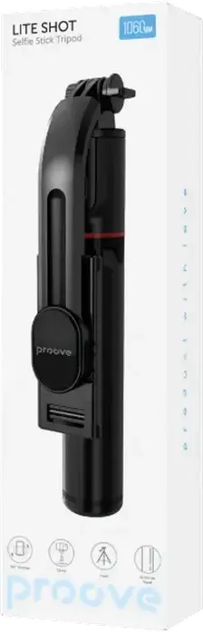Proove Lite Shot Selfie Stick Tripod, 106 cm Max Length, Aluminum Alloy and ABS, 360 Degree Rotation, Mechanical Smartphone Holder, Black
