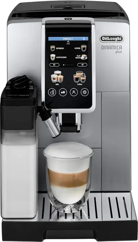 espressor DeLonghi Dinamica Plus ECAM380.85.SB Automat, 15 bar, rezervor apa 1.8L, sistem LatteCrema Hot, ecran tactil color 3.5 inch, Otel inoxidabil