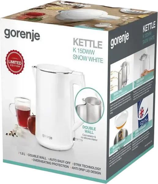 Gorenje K15DWW Electric Kettle, 1.5L, 2200W, Double Wall Cool Touch, Stainless Steel Interior, 360 Swivel Base, Auto Shut-off, White