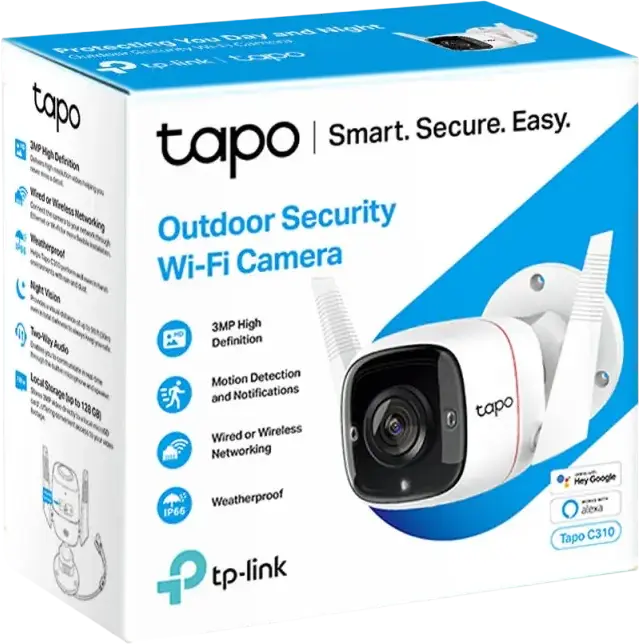 TP-Link Tapo C310 Outdoor Security Wi-Fi Camera, 3MP High Resolution, IP66 Weatherproof, Night Vision 30m, Two-Way Audio, Motion Detection, White