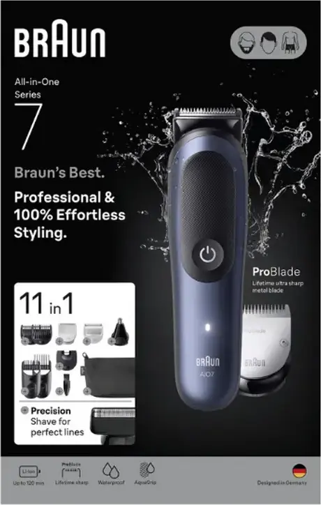 Braun All-in-One Series 7 AIO7540 Grooming Kit, 11-in-1 Trimmer with ProBlade & AutoSense, Li-ion Battery 120min Runtime, Waterproof, Stainless Steel