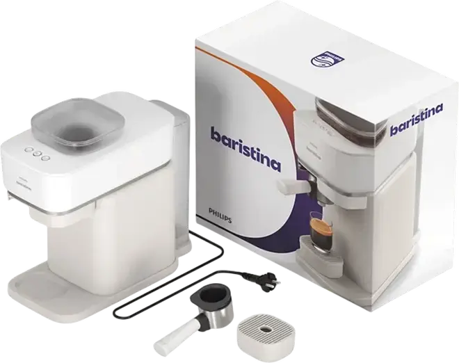 Philips Baristina BAR300/00 Semi-Automatic Espresso Machine, Built-in Ceramic Grinder, Automatic Grinding and Tamping, 1.2L Water Tank, 1550W, White