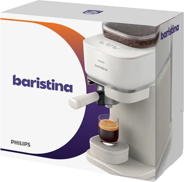 Philips Baristina BAR300/00 Semi-Automatic Espresso Machine, Built-in Ceramic Grinder, Automatic Grinding and Tamping, 1.2L Water Tank, 1550W, White