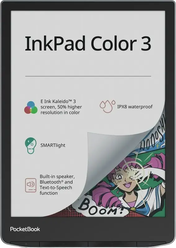 Электронная книга PocketBook InkPad Color 3, цветной экран E Ink Kaleido 3 7.8 дюйма, память 32 ГБ, водонепроницаемость IPX8, Wi-Fi, Bluetooth, USB Type-C