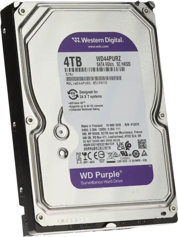 Western Digital WD Purple WD44PURZ 4TB 3.5-inch SATA 6Gb/s 5400 RPM 128MB Cache CMR HDD pentru Supraveghere NVR DVR 64 Camere HD AllFrame