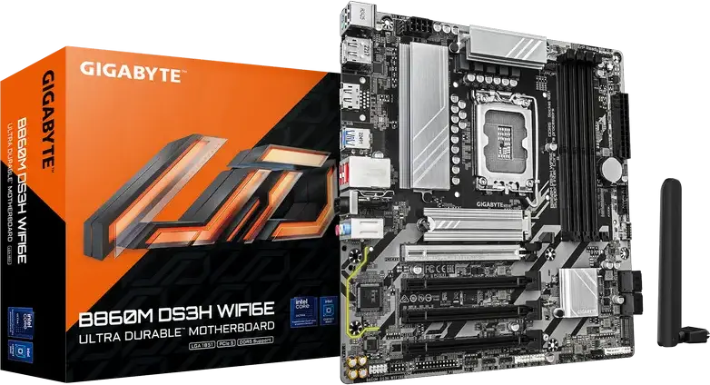 Gigabyte B860M DS3H WIFI6E Motherboard, LGA1851 Socket, Intel B860 Chipset, DDR5 9066MHz OC, Micro-ATX Form Factor, PCIe 5.0, M.2 Gen5, Wi-Fi 6E, Bluetooth 5.3
