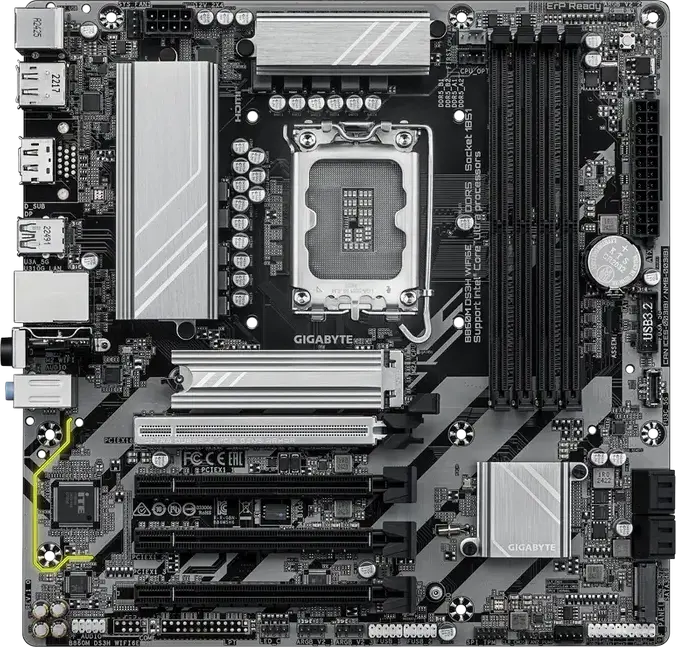Gigabyte B860M DS3H WIFI6E Motherboard, LGA1851 Socket, Intel B860 Chipset, DDR5 9066MHz OC, Micro-ATX Form Factor, PCIe 5.0, M.2 Gen5, Wi-Fi 6E, Bluetooth 5.3