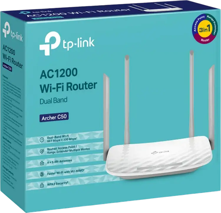 TP-Link Archer C50 AC1200 Dual Band Wi-Fi Router, 867Mbps (5GHz) + 300Mbps (2.4GHz), 4 Fixed Antennas, MU-MIMO, Beamforming, Access Point & Range Extender Mode