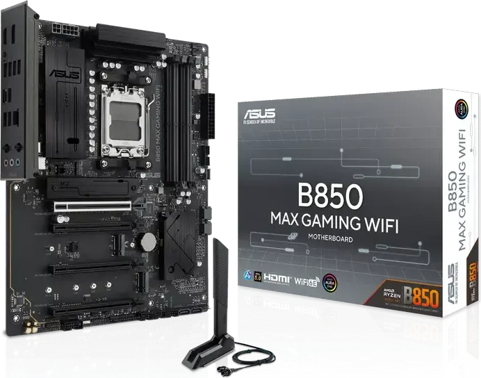 Placa de baza ASUS B850 MAX GAMING WIFI AM5 ATX, Chipset AMD B850, DDR5 256GB, PCIe 5.0, 3x M.2, Wi-Fi 6E, Bluetooth 5.4, pentru Ryzen 9000/8000/7000