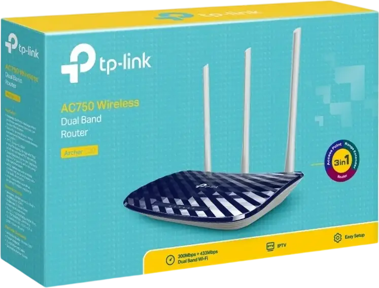 Router Wireless Dual Band TP-Link Archer C20 AC750, Wi-Fi 802.11ac, 3 Antene Fixe Omnidirectionale, 4 Porturi Ethernet, Moduri Router/Extensor/AP