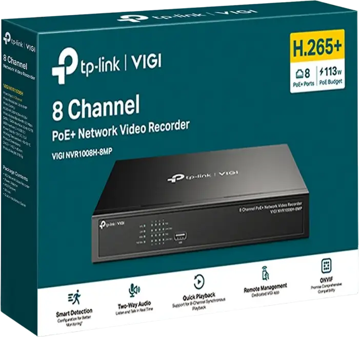 TP-Link VIGI NVR1008H-8MP Сетевой видеорегистратор PoE+ на 8 каналов, разрешение 8Мп, бюджет PoE 113 Вт, макс. хранилище 10 ТБ, H.265+, HDMI/VGA